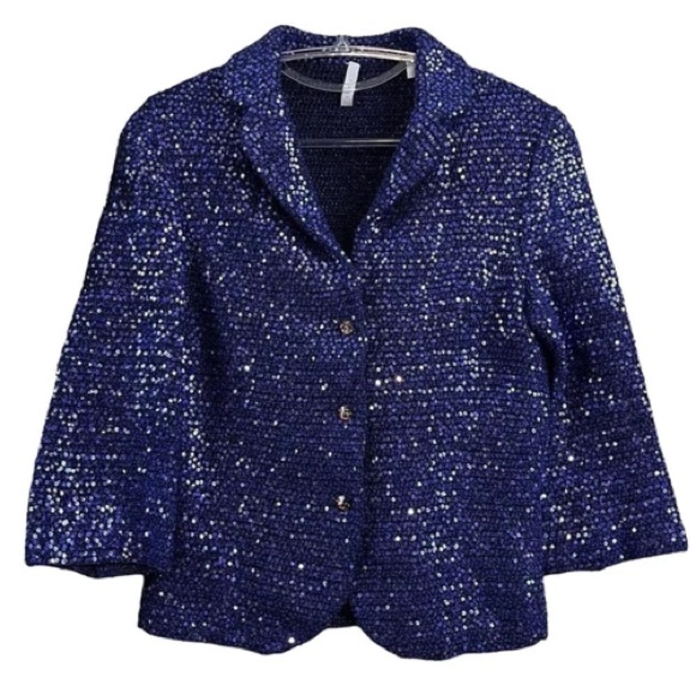 IISLI Knit Sequined Tiffany Fuller Sweater Jacket Evening Metallic Blue Size 4